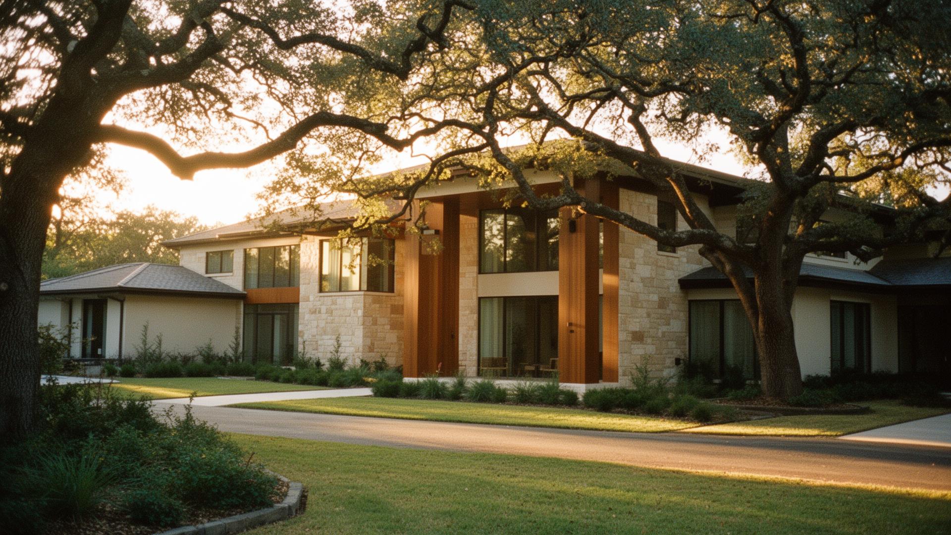 Upscale modern home framed by mature oak trees at golden hour